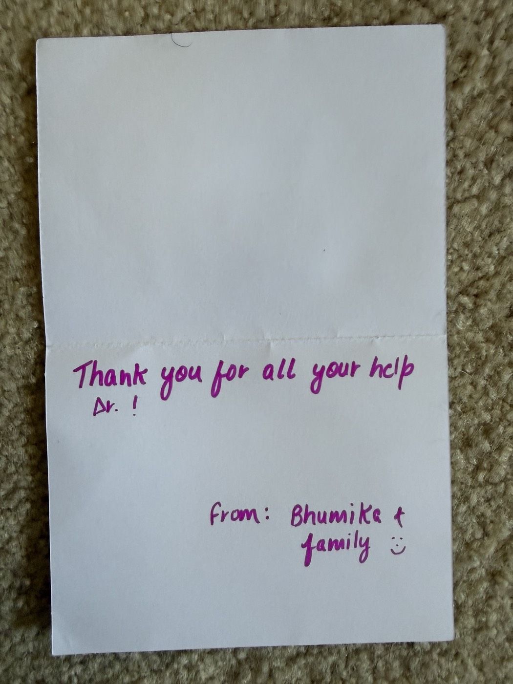Handwritten thank-you note to Dr. Saboowala from Bhumika and family
